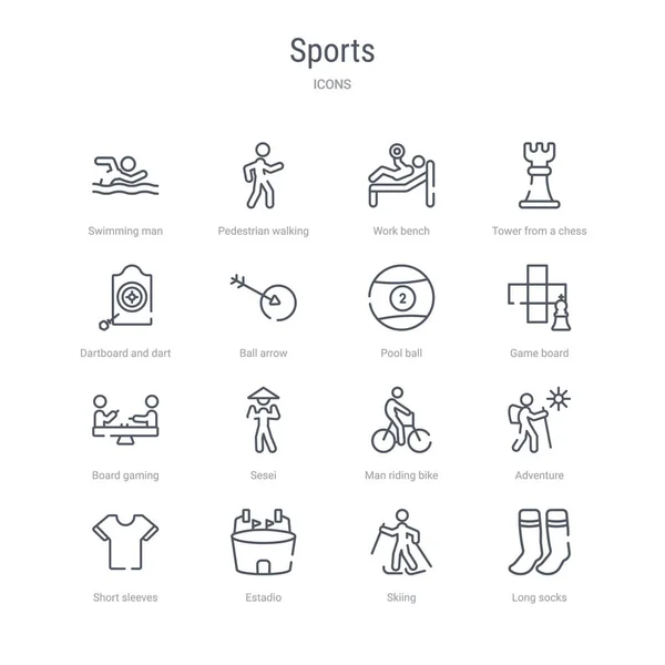 Conjunto de 16 deportes concepto vector línea iconos tales como calcetines largos, s — Vector de stock