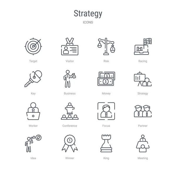 Conjunto de 16 iconos de línea de vector de concepto de estrategia, tales como reunión, ki — Vector de stock
