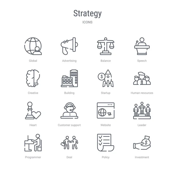 Conjunto de 16 iconos de línea vectorial concepto de estrategia como la inversión , — Vector de stock