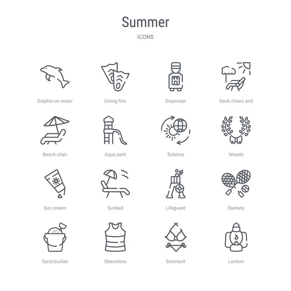 Conjunto de 16 iconos de línea vectorial concepto de verano como linterna, nadar — Vector de stock