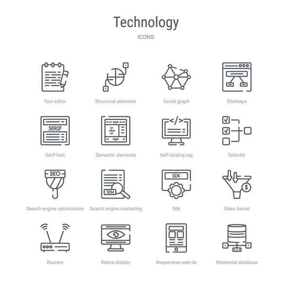 Set di 16 icone della linea vettoriale del concetto di tecnologia come Relationa — Vettoriale Stock
