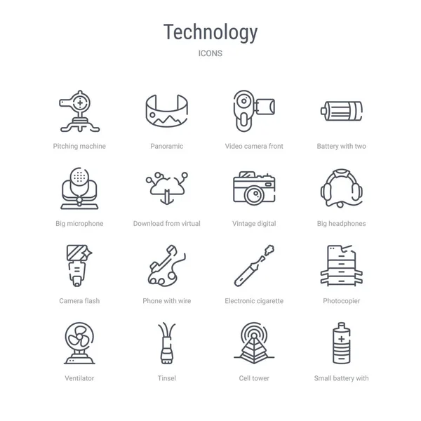 Conjunto de 16 iconos de la línea de vectores concepto de tecnología, tales como murciélago pequeño — Vector de stock