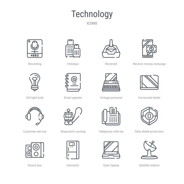 Conjunto de 16 iconos de línea de vectores de concepto de tecnología tales como satélite — Vector de stock