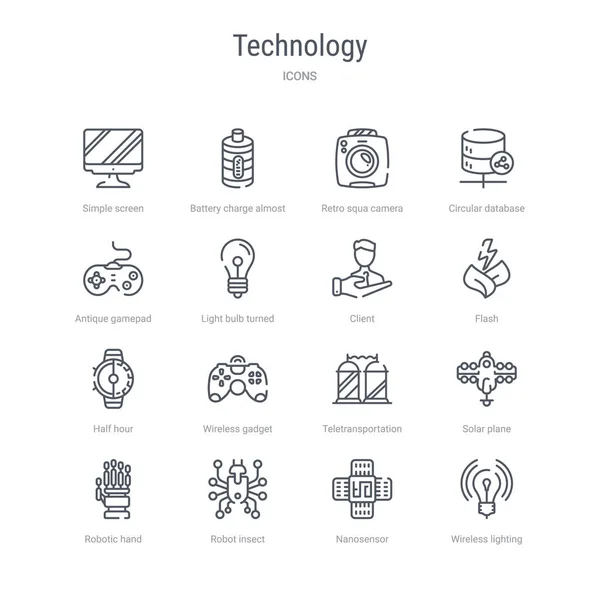 무선 과 같은 16 기술 개념 벡터 라인 아이콘의 집합 — 스톡 벡터
