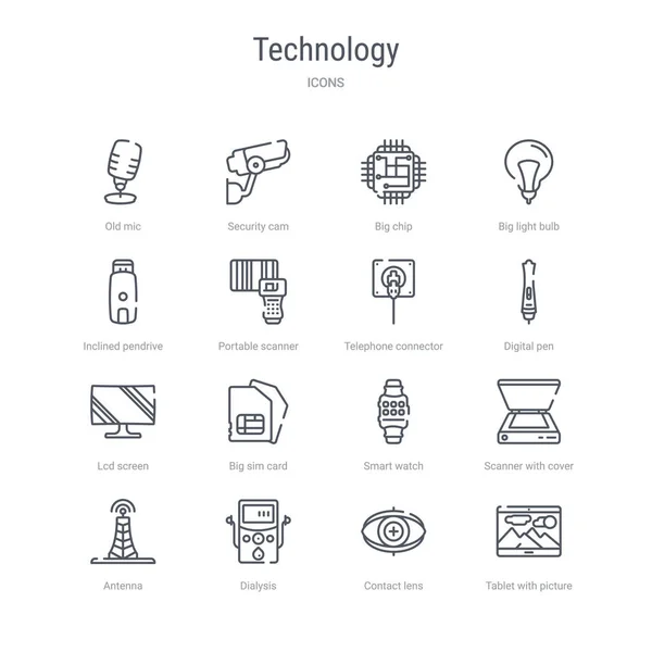Conjunto de 16 iconos de línea de vectores de concepto de tecnología tales como tableta wi — Vector de stock