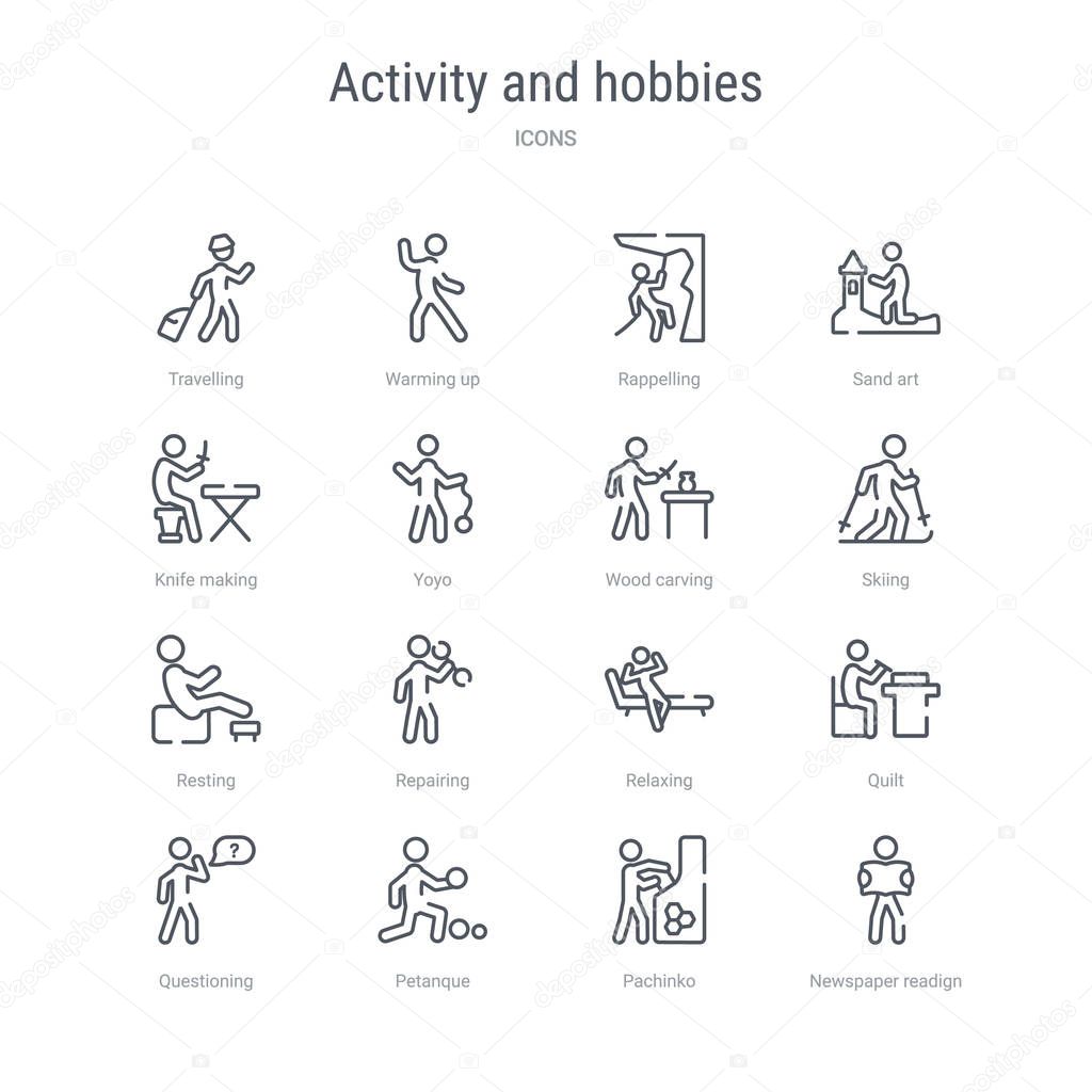 set of 16 activity and hobbies concept vector line icons such as