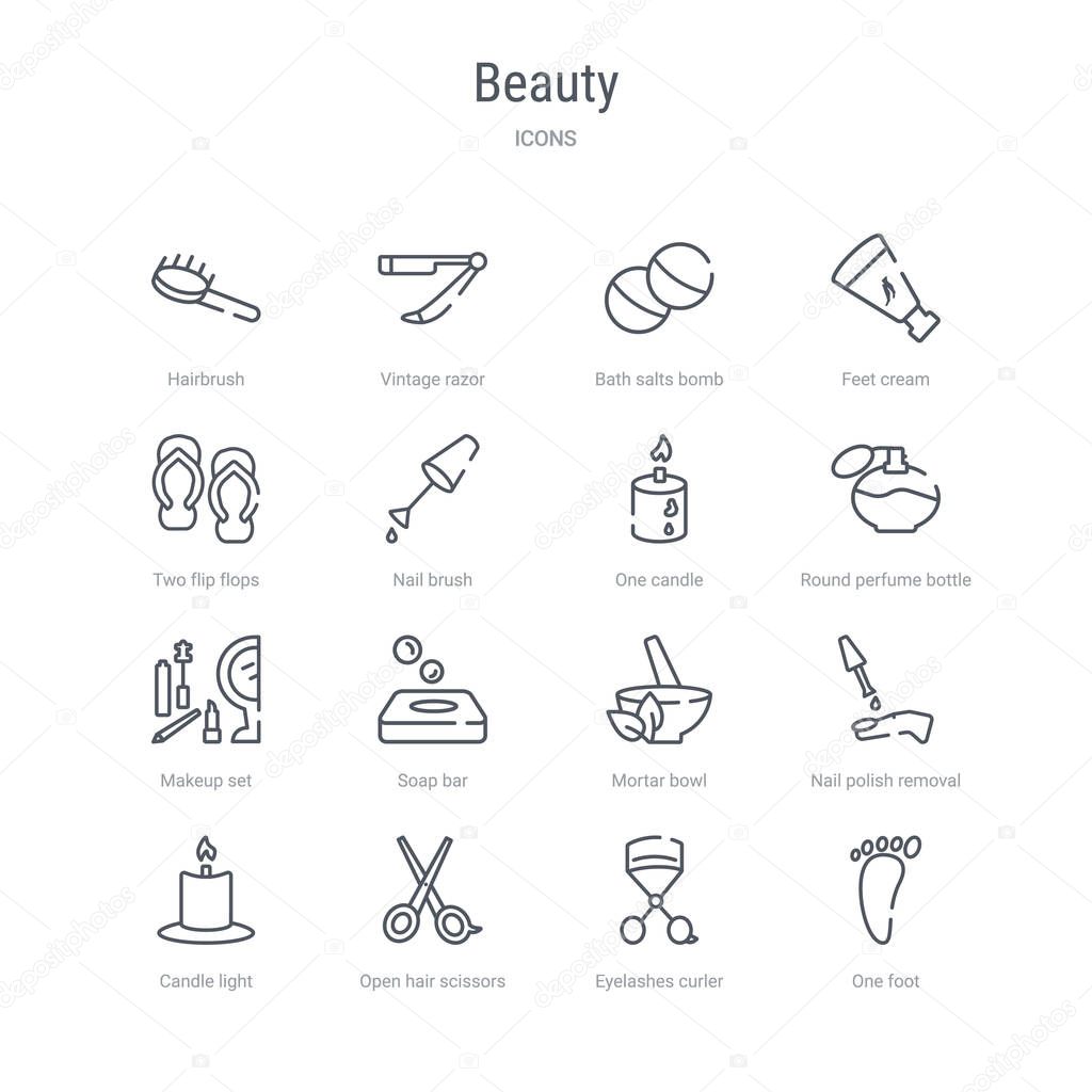 set of 16 beauty concept vector line icons such as one foot, eye