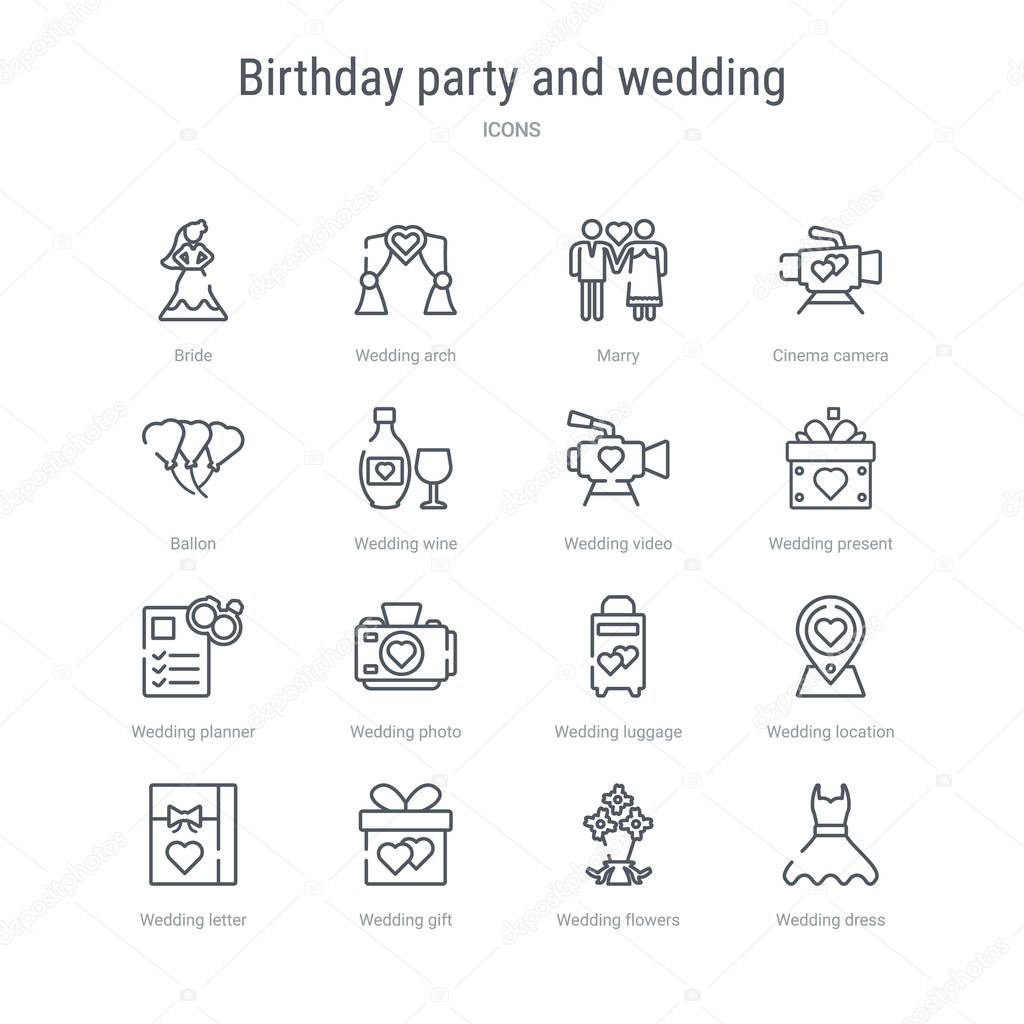 Set of 16 birthday party and wedding concept vector line icons such as wedding dress, wedding flowers, gift, letter, location, luggage, photo, planner. 64x64 thin stroke icons
