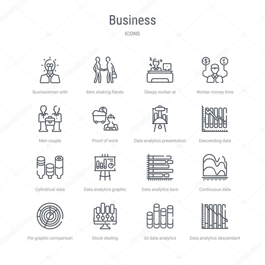 set of 16 business concept vector line icons such as data analyt