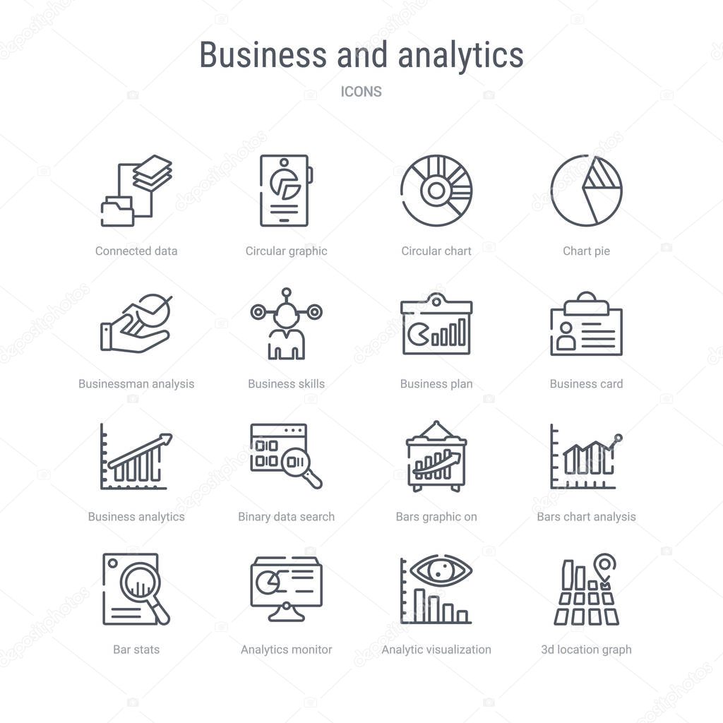 set of 16 business and analytics concept vector line icons such 
