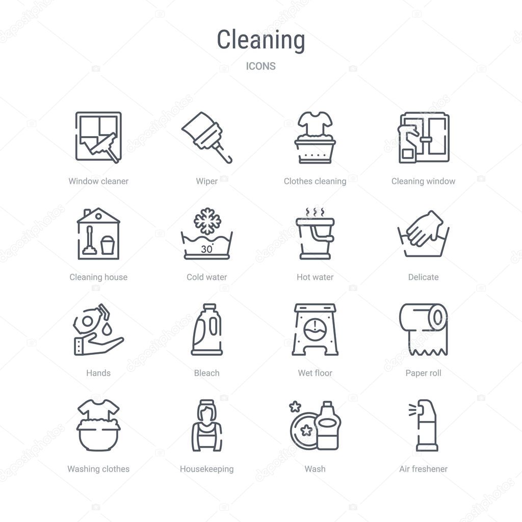 Set of 16 cleaning concept vector line icons such as air freshener, wash, housekeeping, washing clothes, paper roll, wet floor, bleach, hands. 64x64 thin stroke icons