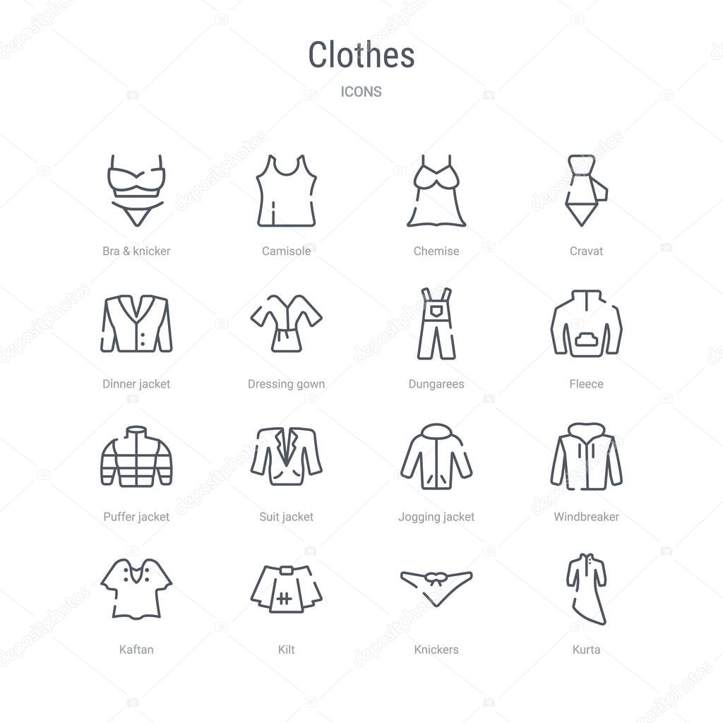 set of 16 clothes concept vector line icons such as kurta, knick