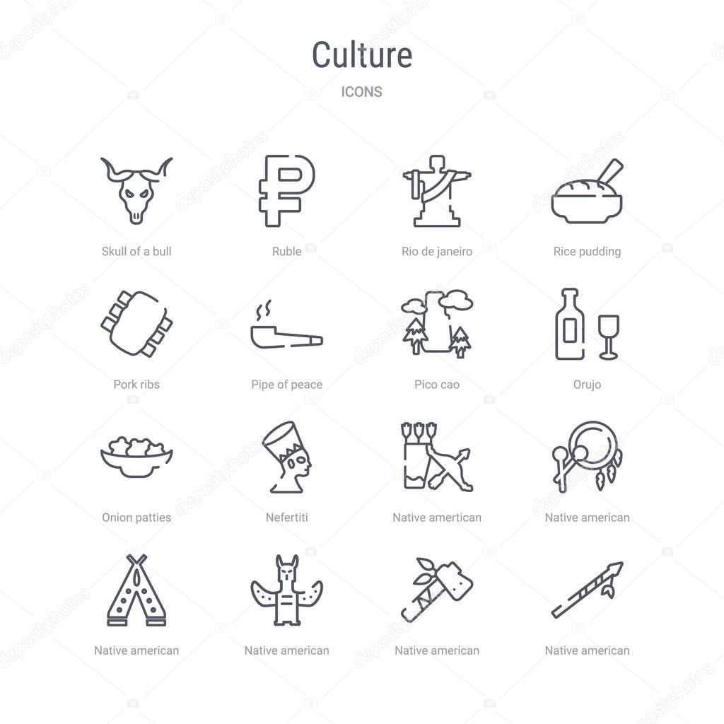 set of 16 culture concept vector line icons such as native ameri