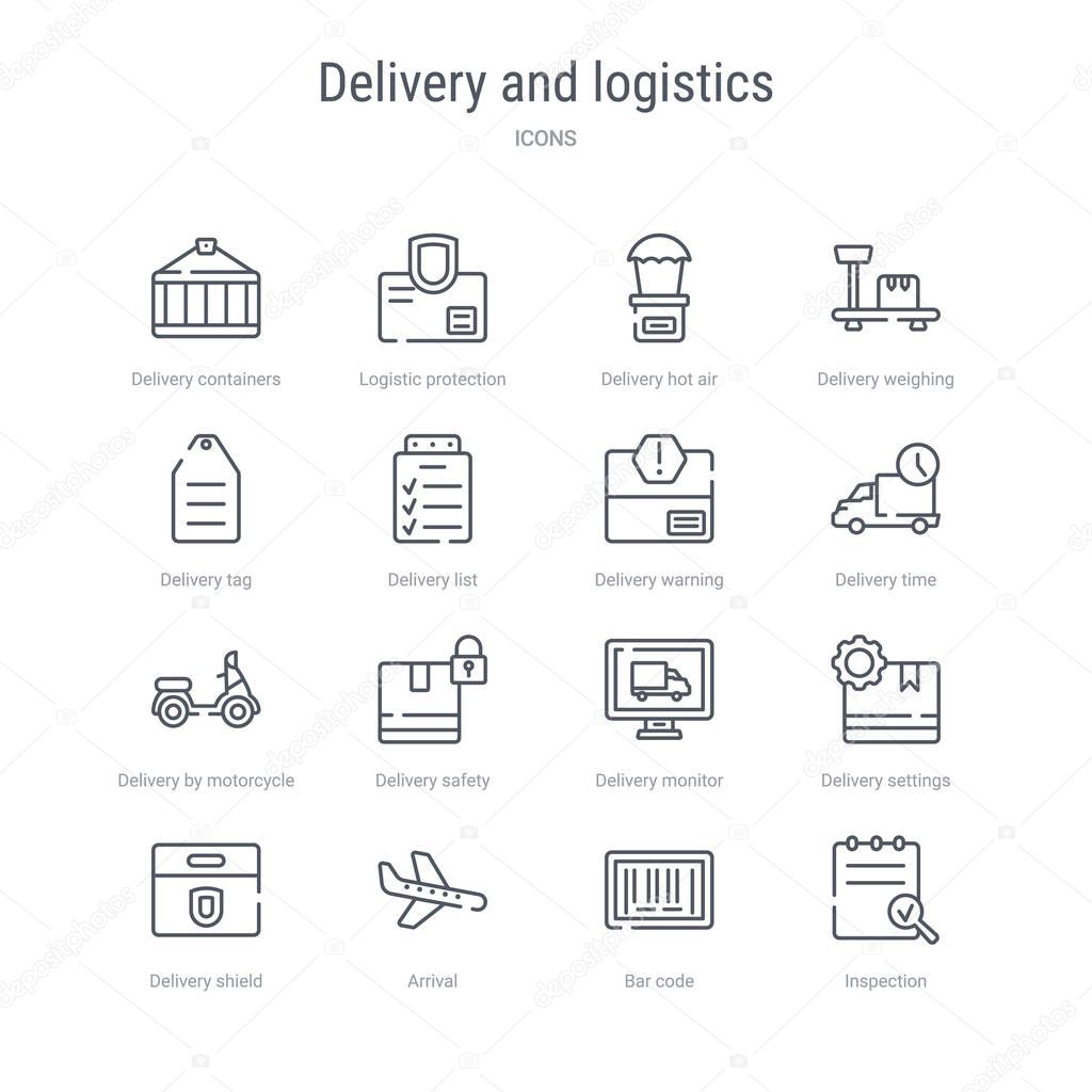 set of 16 delivery and logistics concept vector line icons such 