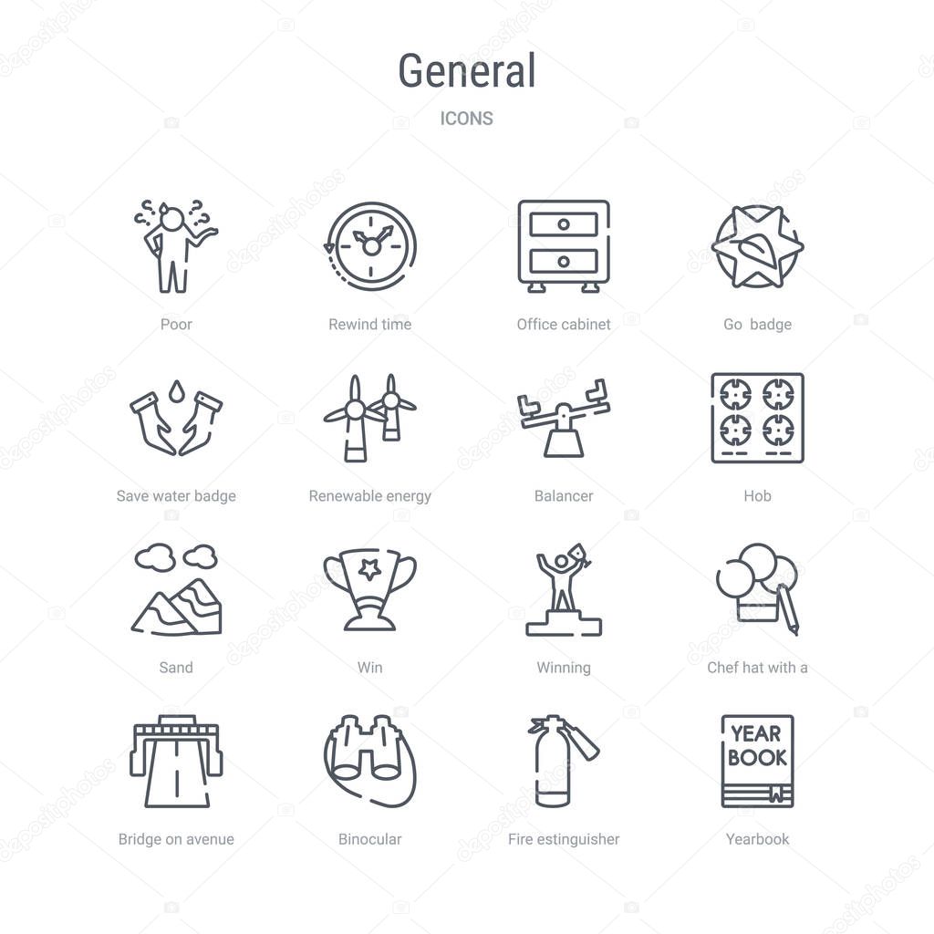 set of 16 general concept vector line icons such as yearbook, fi