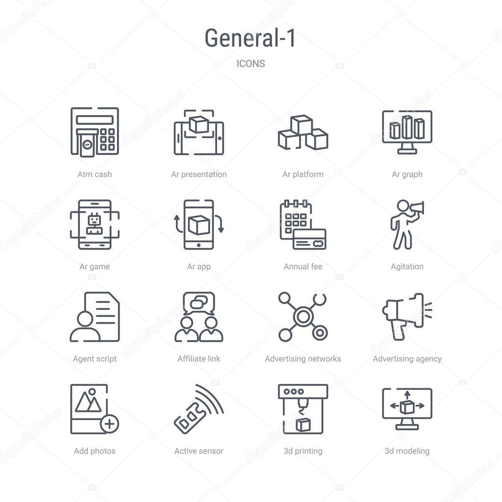 set of 16 general-1 concept vector line icons such as 3d modelin