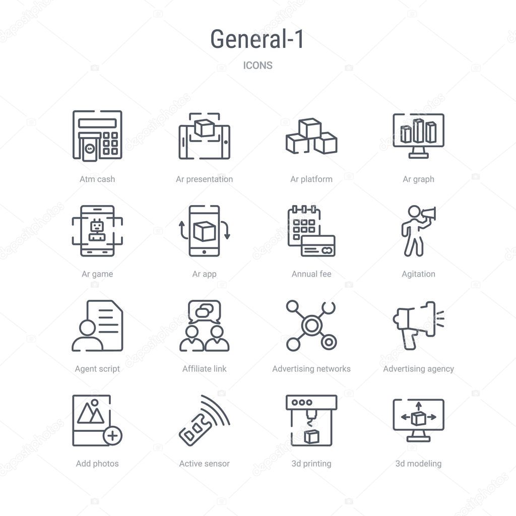 Set of 16 general-1 concept vector line icons such as 3d modeling, 3d printing, active sensor, add photos, advertising agency, advertising networks, affiliate link, agent script. 64x64 thin stroke