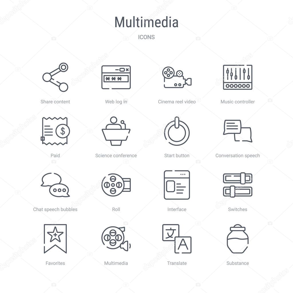 set of 16 multimedia concept vector line icons such as substance