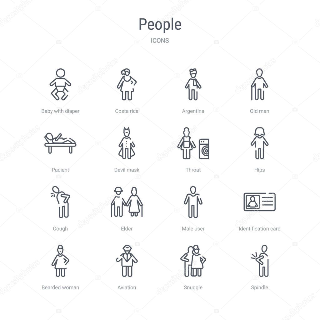 set of 16 people concept vector line icons such as spindle, snug