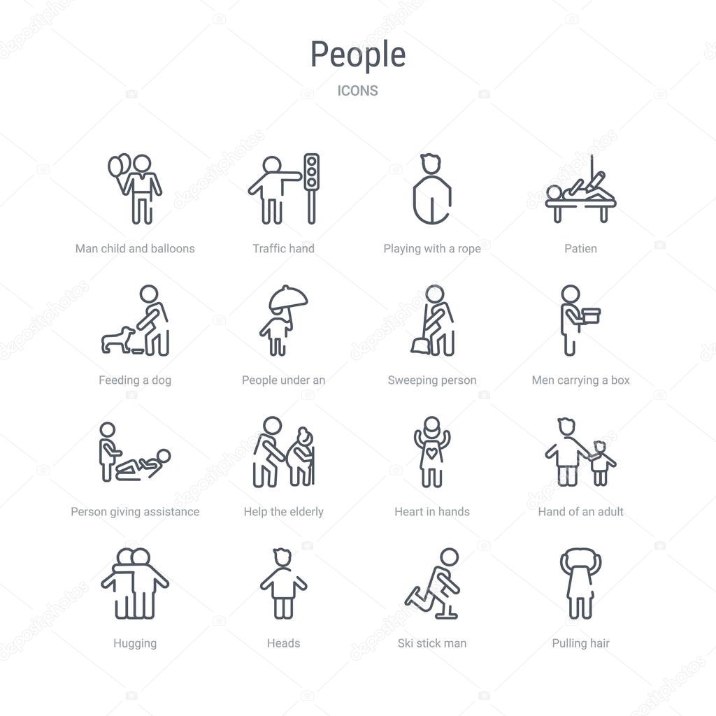 set of 16 people concept vector line icons such as pulling hair,