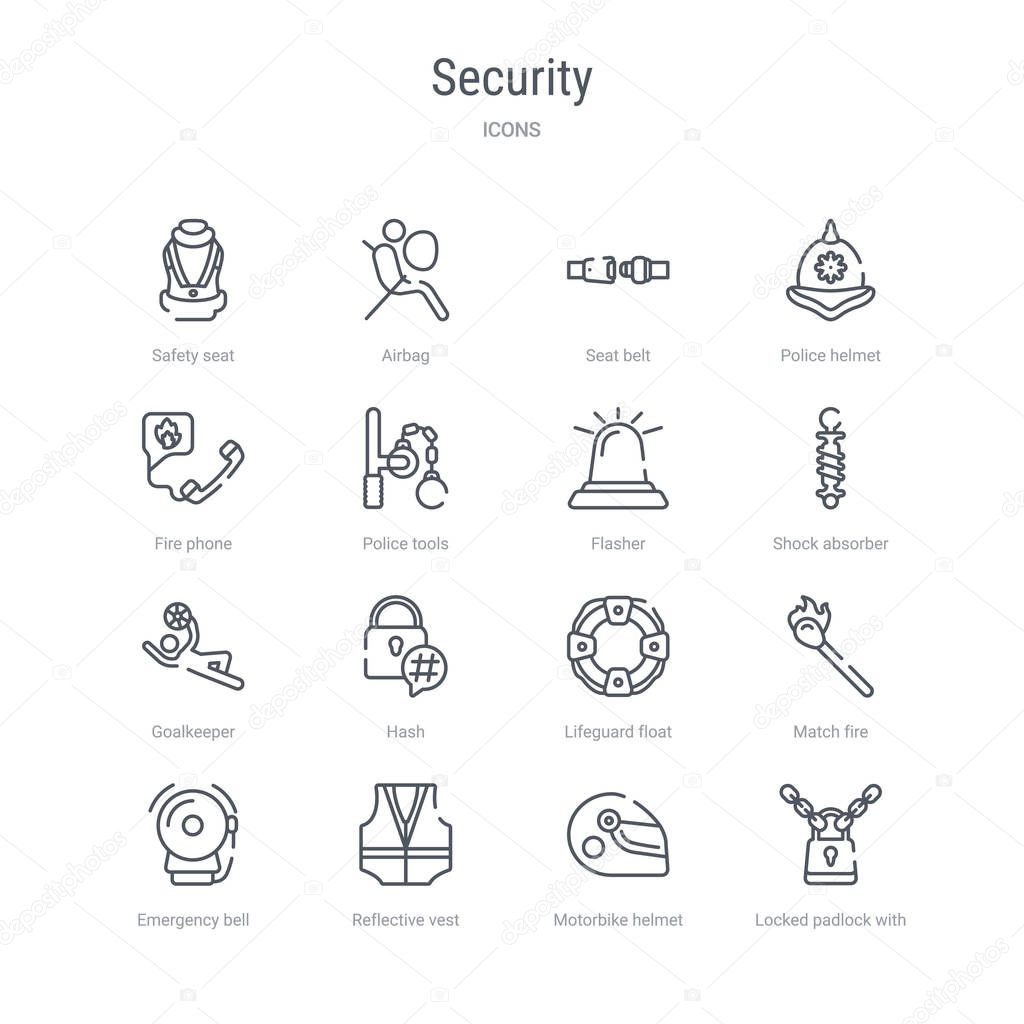 set of 16 security concept vector line icons such as locked padl