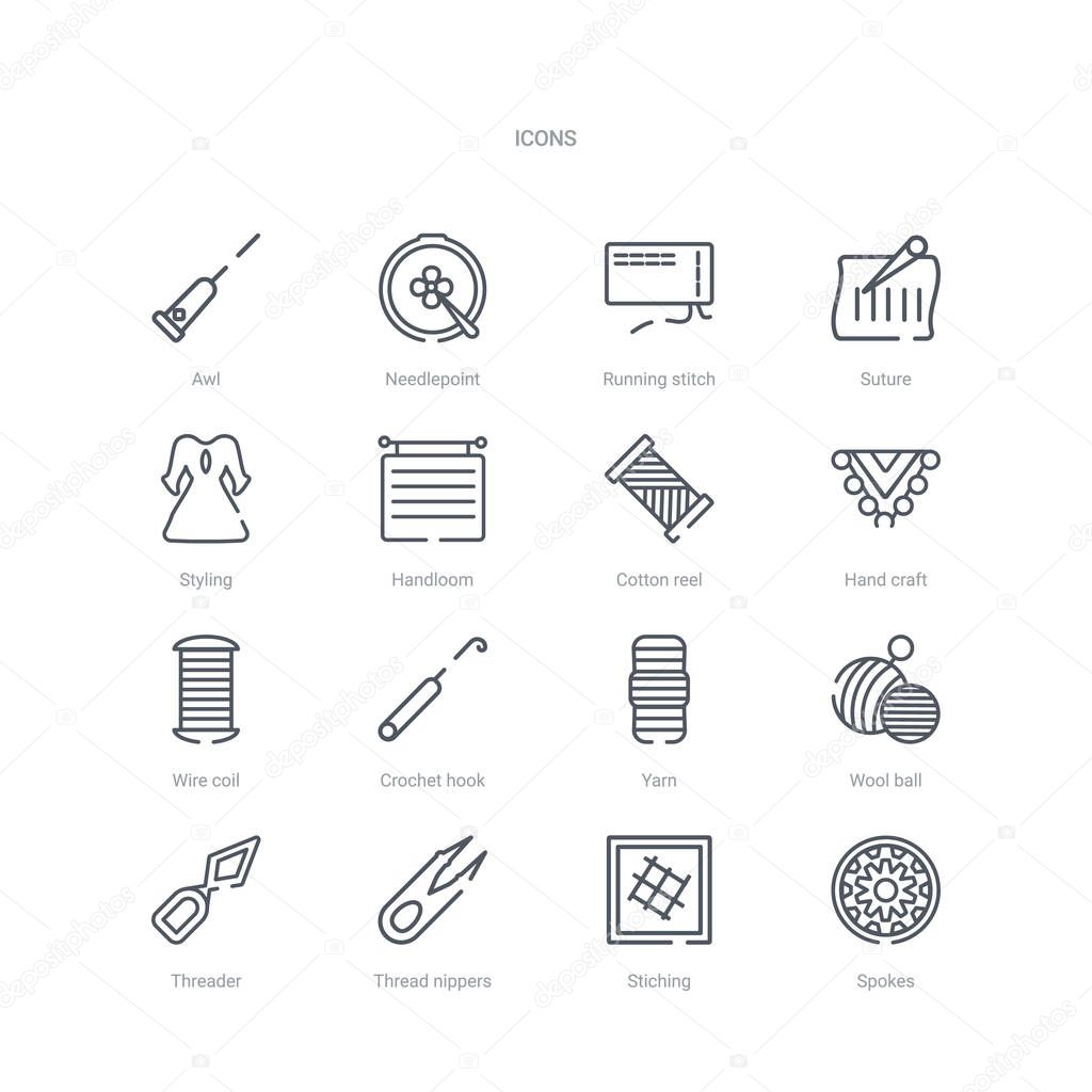 set of 16 sew concept vector line icons such as spokes, stiching