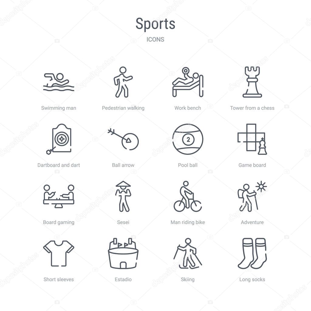 set of 16 sports concept vector line icons such as long socks, s