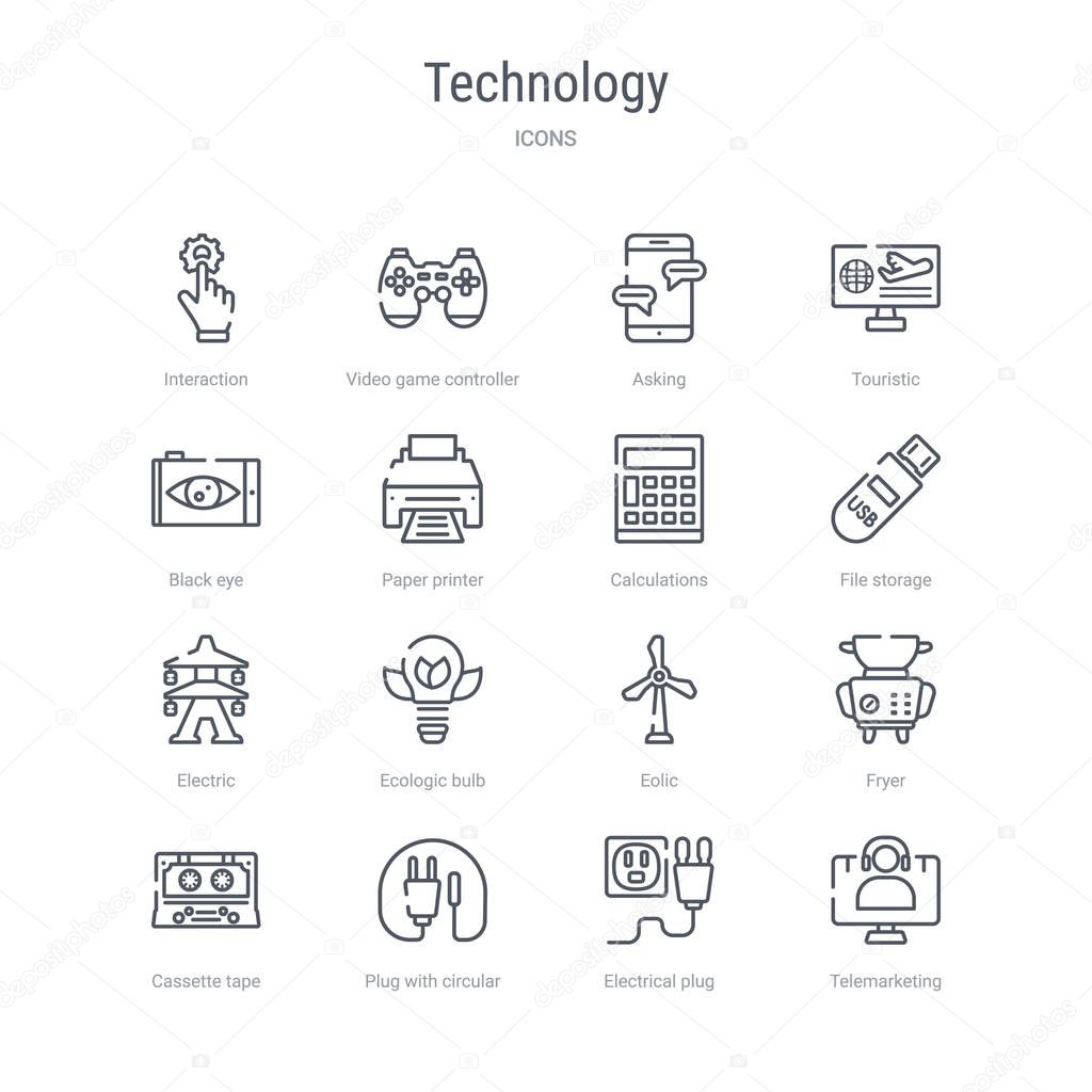 set of 16 technology concept vector line icons such as telemarke