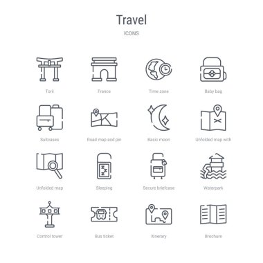 broşür, iti gibi 16 seyahat kavramı vektör hattı simgeleri kümesi