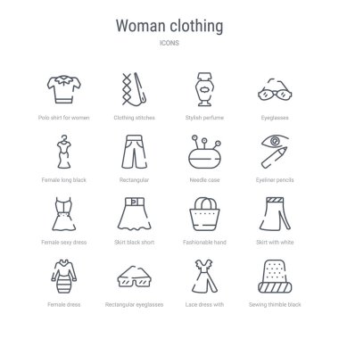 sewin gibi 16 kadın giyim kavramı vektör hattı simgeleri seti
