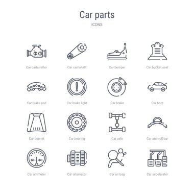 araba accele gibi 16 araba parçaları kavramı vektör hattı simgeleri kümesi