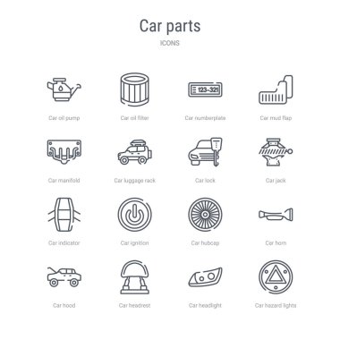 araba tehlike gibi 16 araba parçaları kavramı vektör hattı simgeleri kümesi