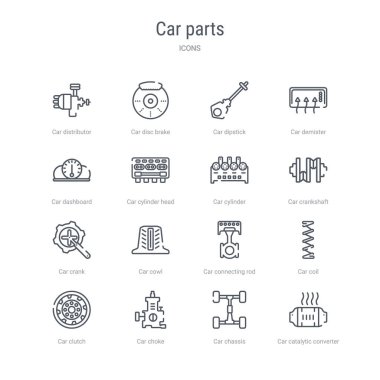 araba kataliz gibi 16 araba parçaları kavramı vektör hattı simgeleri kümesi