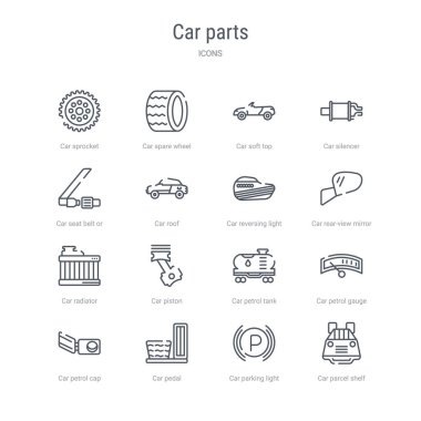 araba koli gibi 16 araba parçaları kavramı vektör hattı simgeleri kümesi
