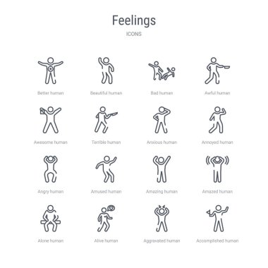 gerçekleştirmek gibi 16 duygu kavramı vektör çizgi simgeleri kümesi