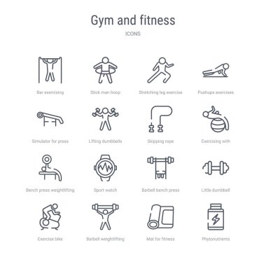 phyt gibi 16 spor salonu ve fitness konsepti vektör çizgisi simgeleri kümesi