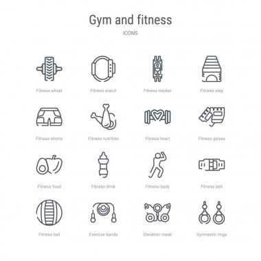 jimnastik salonu ve fitness konsepti vektör hattı simgeleri 16 set