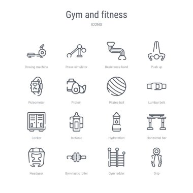 kavrama gibi 16 spor salonu ve fitness konsepti vektör hattı simgeleri kümesi