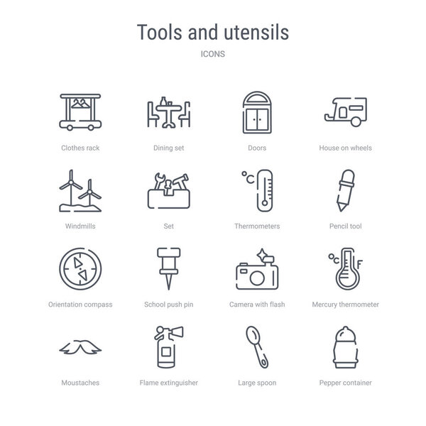 набор из 16 инструментов и посуды концепт-векторные линии иконки, такие как р
