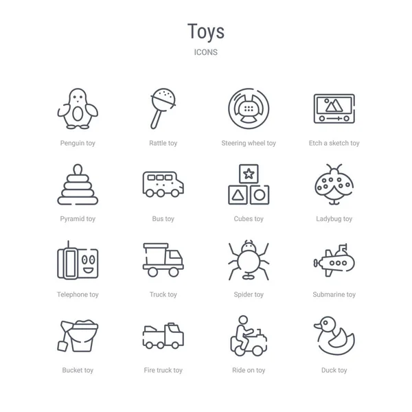 Set von 16 Spielzeugen Konzept Vektor Line Symbole wie Entenspielzeug, Fahrt — Stockvektor