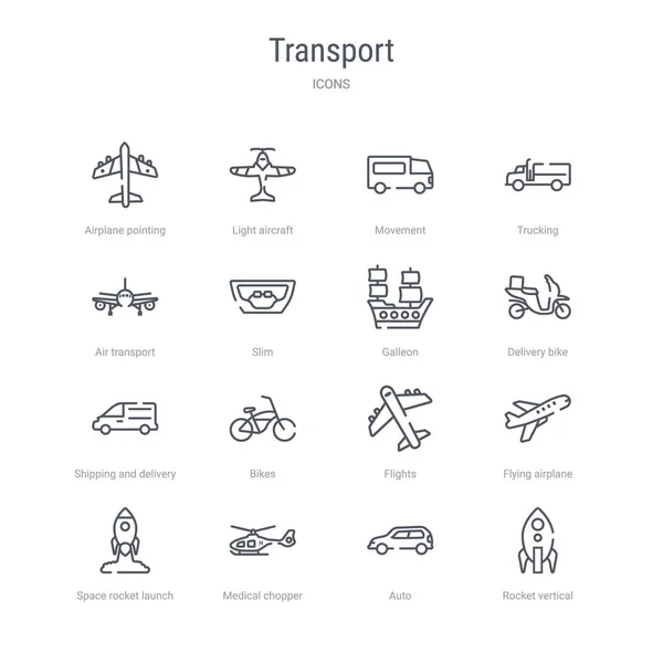 Conjunto de 16 iconos de línea vectorial concepto de transporte como cohete ver — Vector de stock
