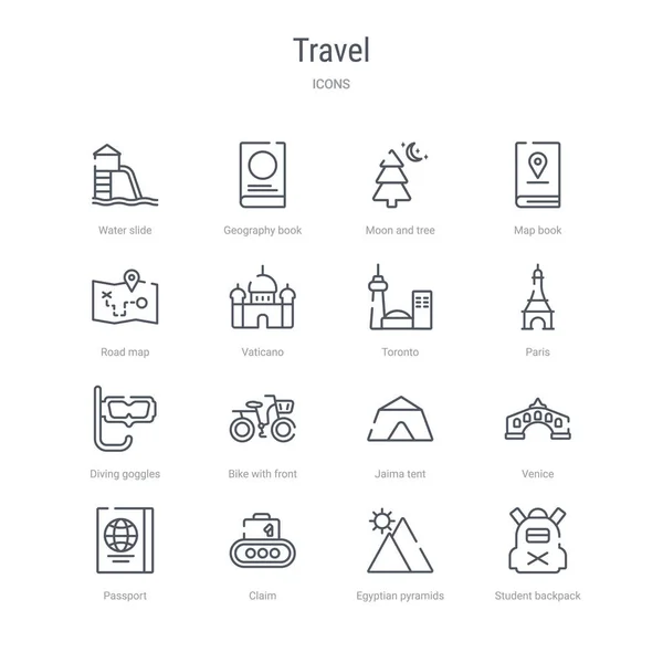 Set of 16 travel concept vector line icons such as student backp — Stock Vector