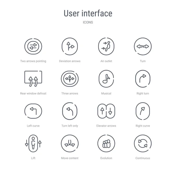 Conjunto de 16 iconos de línea de vectores de concepto de interfaz de usuario como conti — Vector de stock