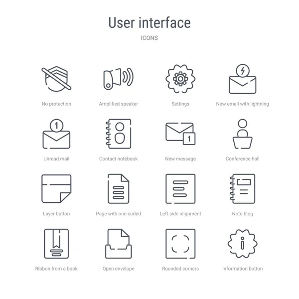 Conjunto de 16 iconos de línea de vectores de concepto de interfaz de usuario como infor — Vector de stock