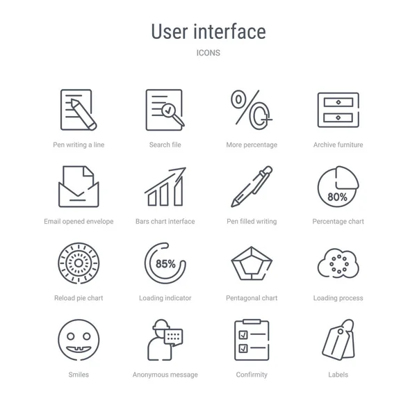 Conjunto de 16 iconos de línea de vectores de concepto de interfaz de usuario como etiqueta — Vector de stock