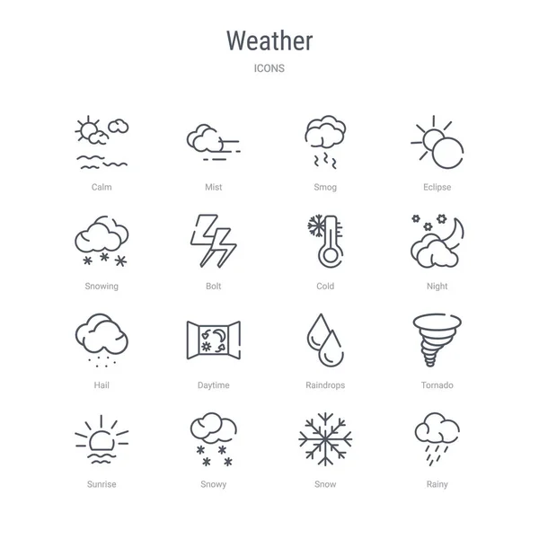 Set of 16 weather concept vector line icons such as rainy, snow, — Stock Vector