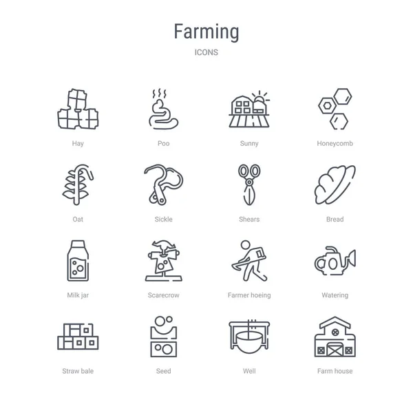 Conjunto de 16 ícones de linha vetorial conceito de agricultura, como casa de fazenda , — Vetor de Stock