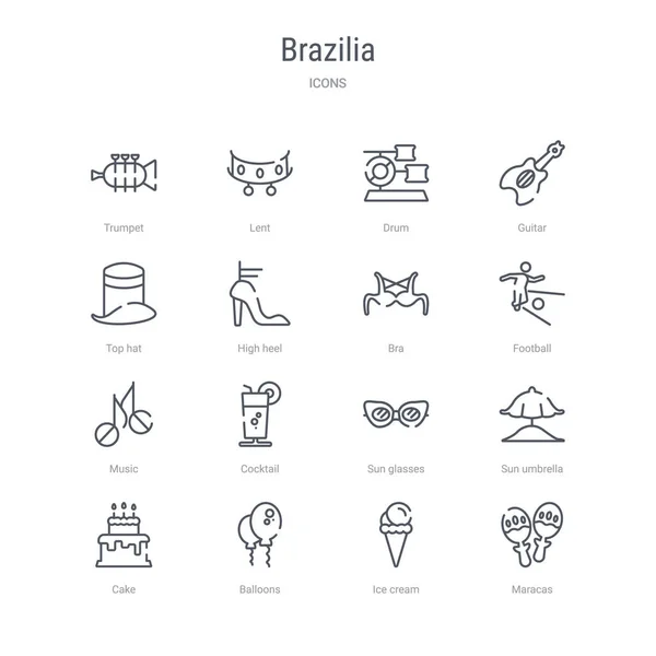 Set van 16 Brazilia concept vector lijn iconen zoals maracas, IC — Stockvector