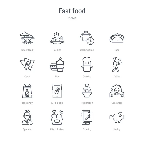 Conjunto de 16 iconos de línea de vectores de concepto de comida rápida, como guardar, o — Archivo Imágenes Vectoriales