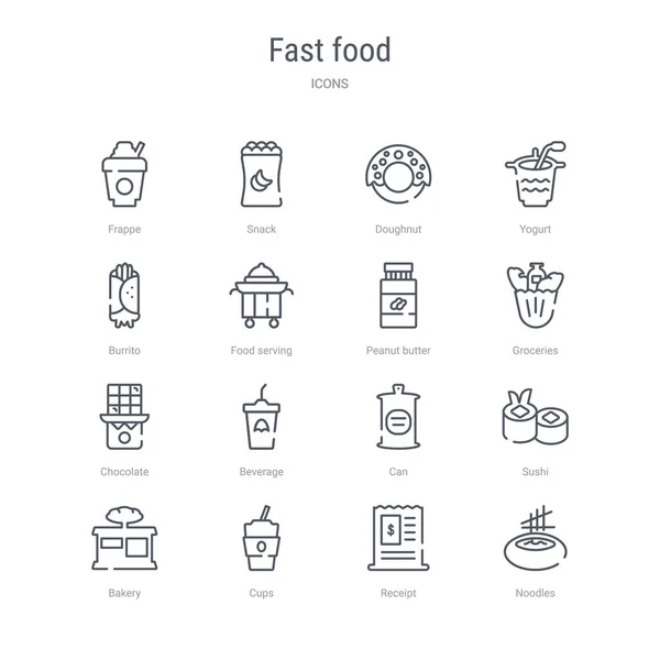 Conjunto de 16 iconos de línea de vectores de concepto de comida rápida como fideos, r — Archivo Imágenes Vectoriales